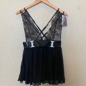 The‎ Escante Collection babydoll lingerie black sheer NWT rhinestone thong